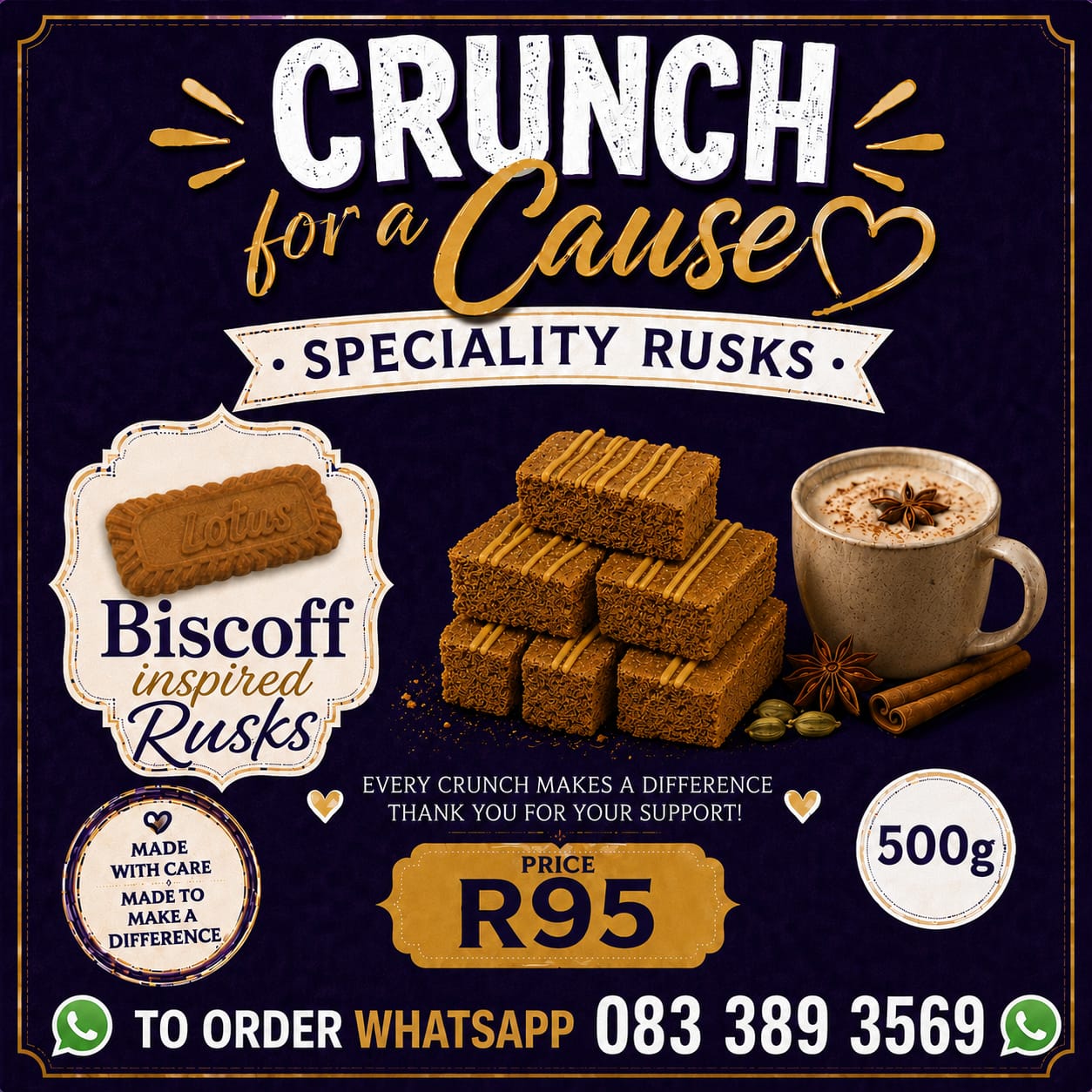 Biscoff Inspired Rusks 500g pack for Crunch for a Cause fundraiser