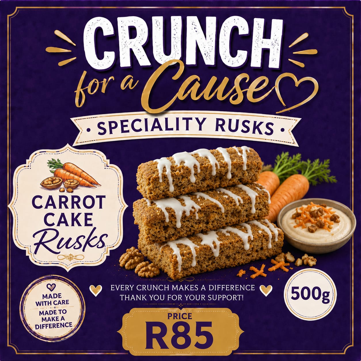 Carrot Cake Rusks 500g pack for Crunch for a Cause fundraiser