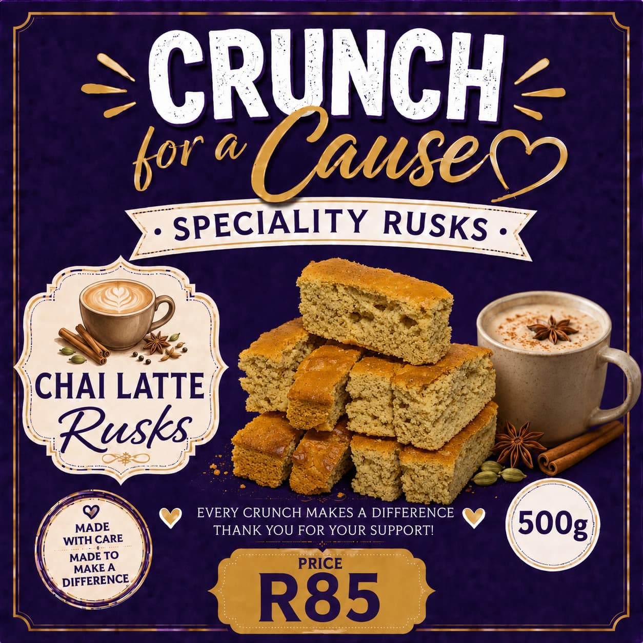 Chai Latte Rusks 500g pack for Crunch for a Cause fundraiser