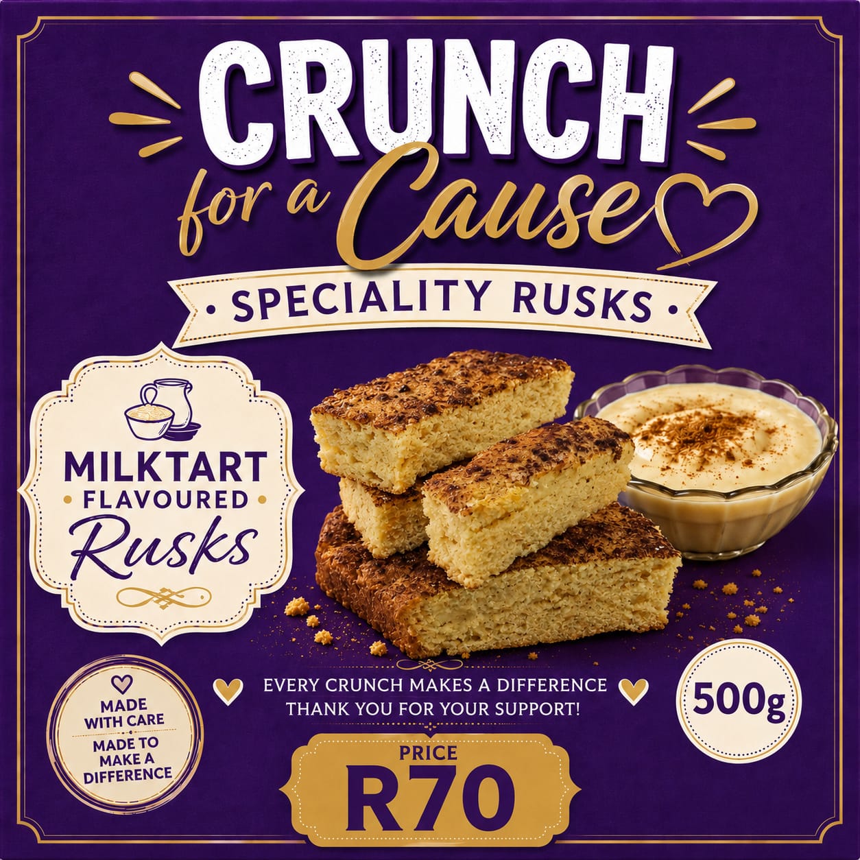 Milktart Flavoured Rusks 500g pack for Crunch for a Cause fundraiser